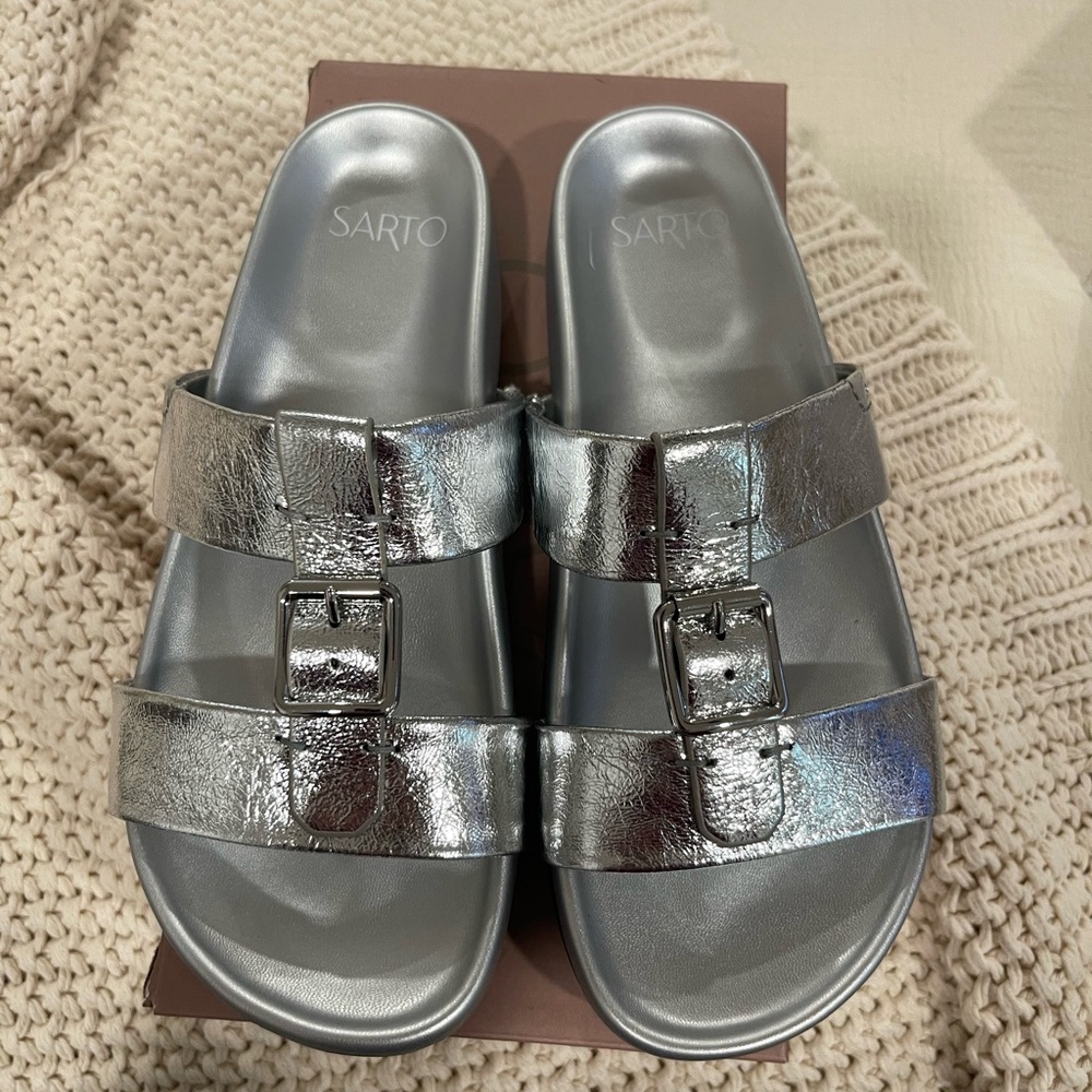 Franco Sarto Silver Metallic Double-Buckle Slide Sandals New